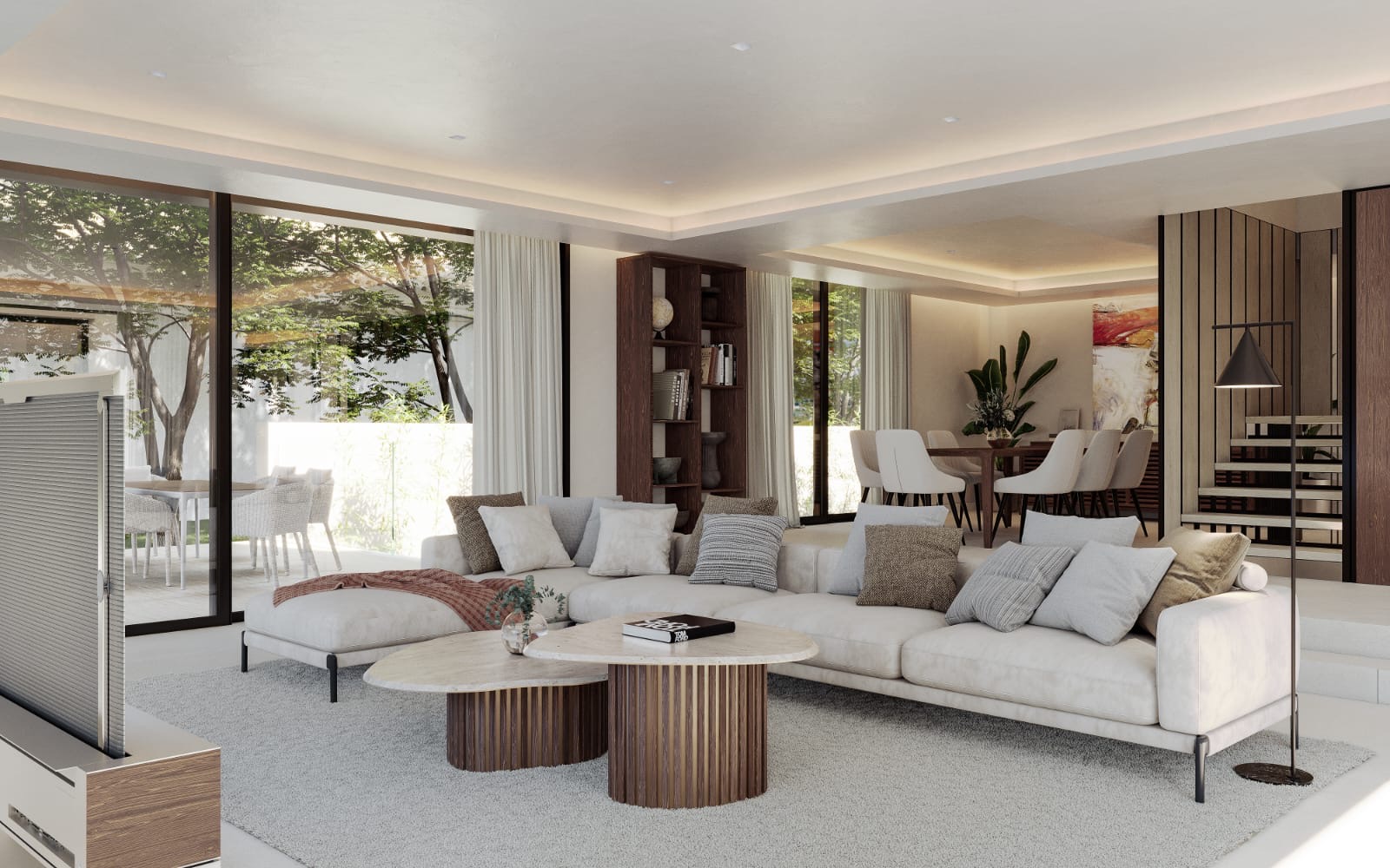 Modern open-plan grand saloon render with floor-to-ceiling glass